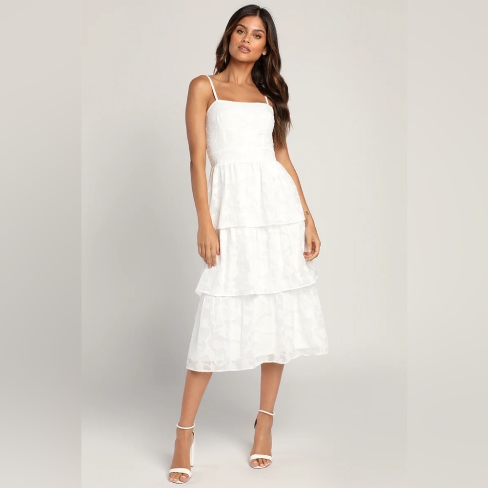 Lulus Grace and Beauty White Burnout Floral Print Tiered Dress